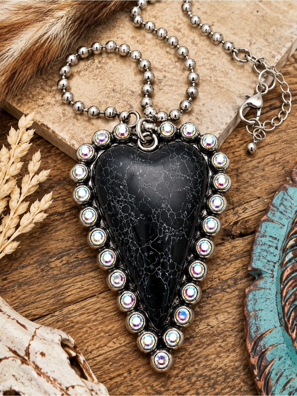 Western Black Arrowhead Statement Necklace Rhinestone Pendant Boho Cowgirl